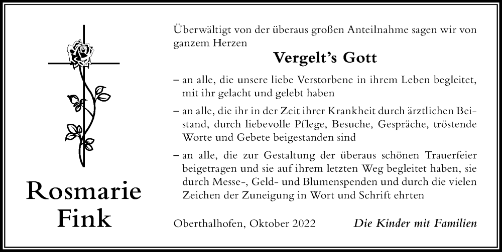  Traueranzeige für Rosmarie Fink vom 22.10.2022 aus Der Westallgäuer