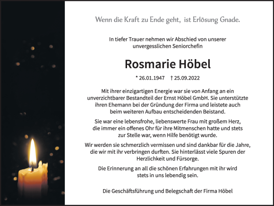 Traueranzeige von Rosmarie Höbel von Allgäuer Zeitung, Marktoberdorf