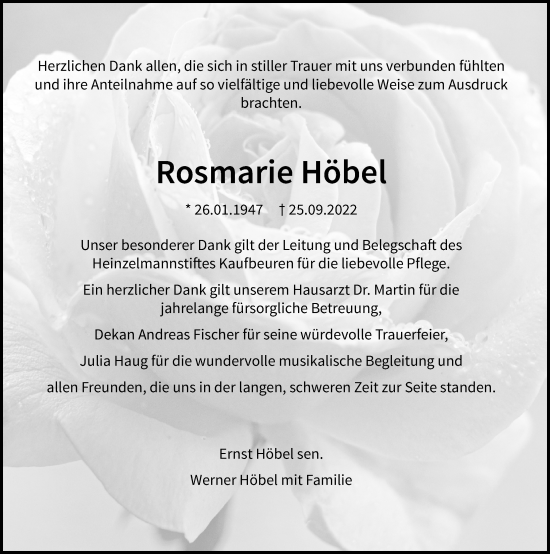 Traueranzeige von Rosmarie Höbel von Allgäuer Zeitung, Füssen