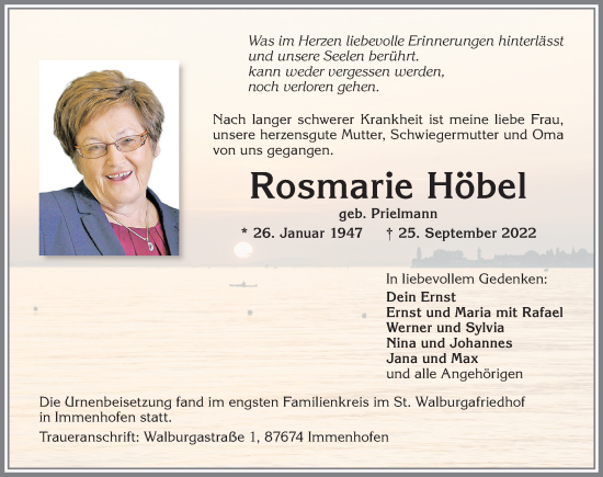 Traueranzeige von Rosmarie Höbel von Allgäuer Zeitung, Füssen