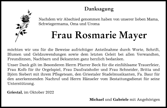 Traueranzeige von Rosmarie Mayer von Memminger Zeitung