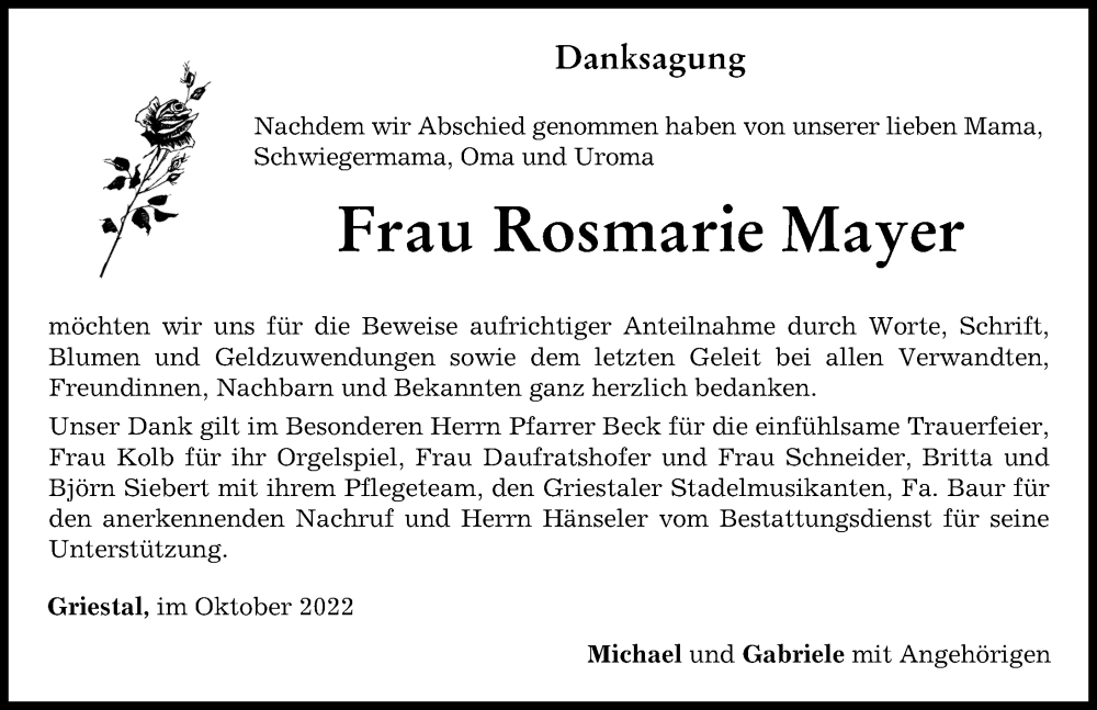  Traueranzeige für Rosmarie Mayer vom 19.10.2022 aus Memminger Zeitung