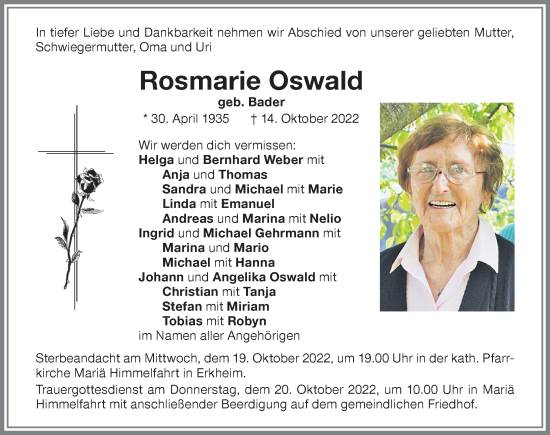 Traueranzeige von Rosmarie Oswald von Memminger Zeitung