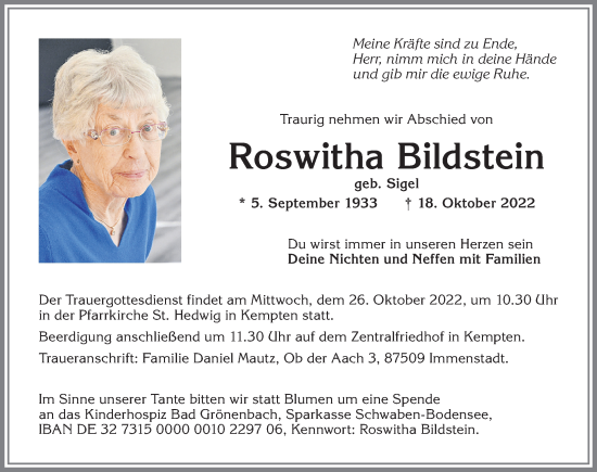 Traueranzeige von Roswitha Bildstein von Allgäuer Zeitung,Kempten