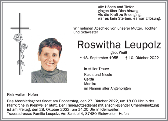 Traueranzeige von Roswitha Leupolz von Allgäuer Zeitung,Kempten