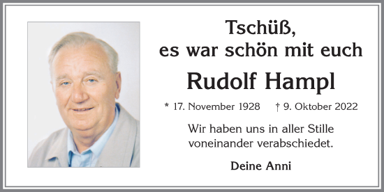 Traueranzeige von Rudolf Hampl von Allgäuer Zeitung, Kaufbeuren/Buchloe