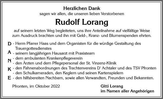 Traueranzeige von Rudolf Lorang von Allgäuer Zeitung, Füssen