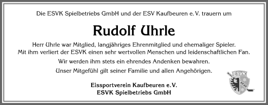 Traueranzeige von Rudolf Uhrle von Allgäuer Zeitung, Kaufbeuren/Buchloe
