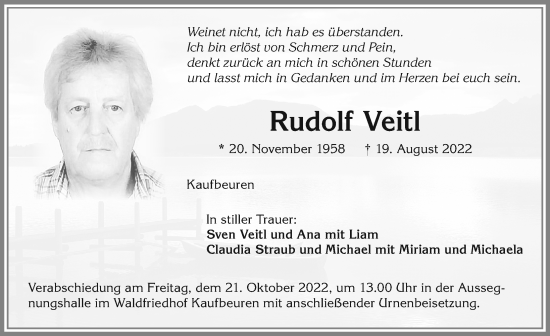 Traueranzeige von Rudolf Veitl von Allgäuer Zeitung, Kaufbeuren/Buchloe