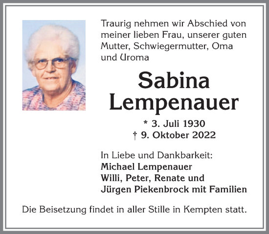 Traueranzeige von Sabina Lempenauer von Allgäuer Zeitung,Kempten