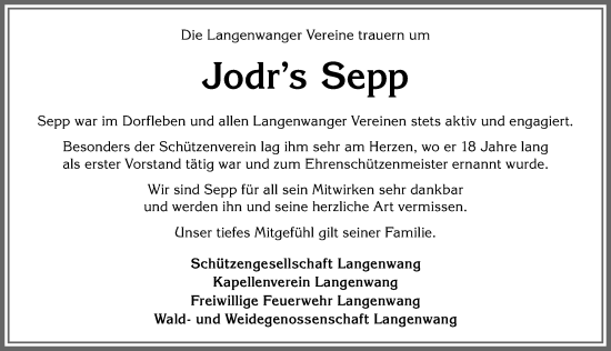 Traueranzeige von Sepp  von Allgäuer Anzeigeblatt