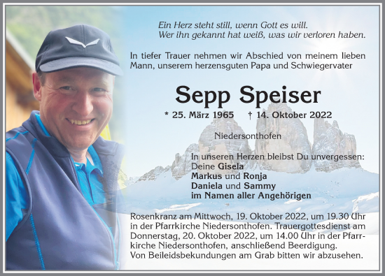 Traueranzeige von Sepp Speiser von Allgäuer Anzeigeblatt