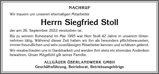 Traueranzeige von Siegfried Stoll von Allgäuer Zeitung,Kempten