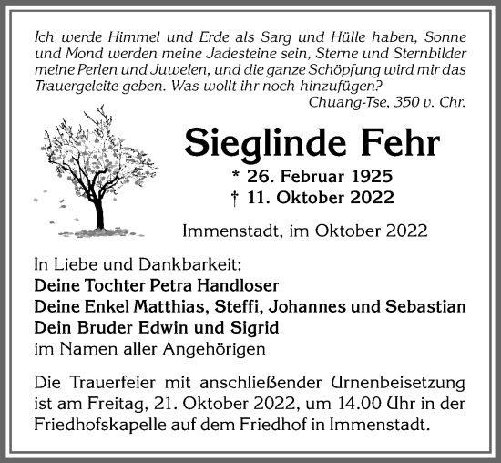Traueranzeige von Sieglinde Fehr von Allgäuer Anzeigeblatt