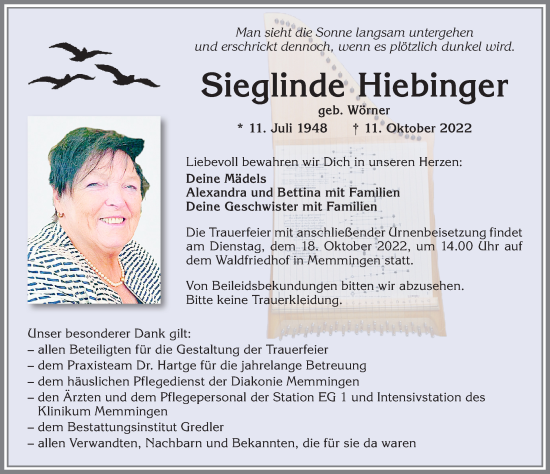 Traueranzeige von Sieglinde Hiebinger von Memminger Zeitung