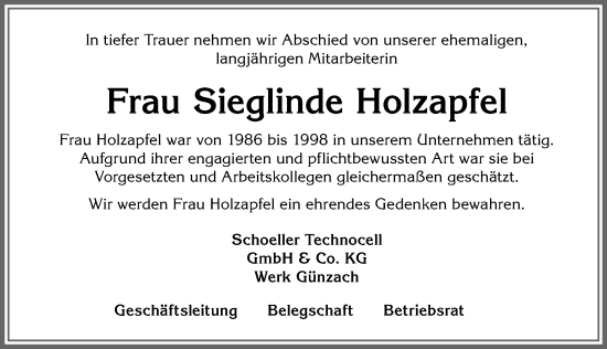 Traueranzeige von Sieglinde Holzapfel von Allgäuer Zeitung, Marktoberdorf