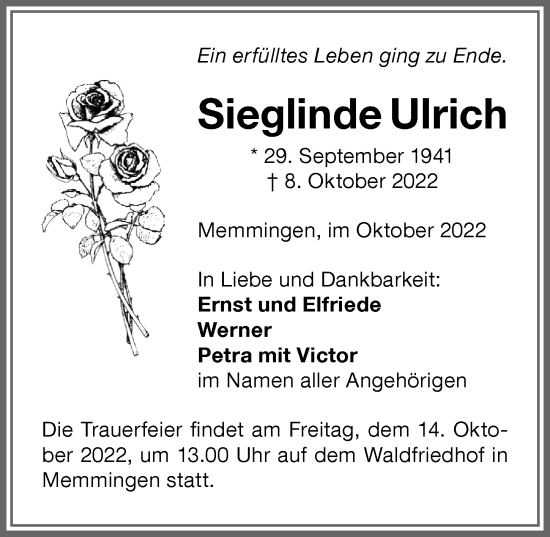 Traueranzeige von Sieglinde Ulrich von Memminger Zeitung
