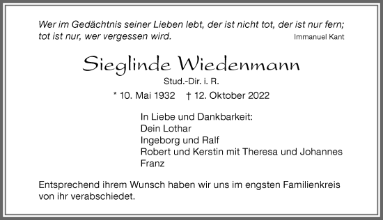 Traueranzeige von Sieglinde Wiedenmann von Allgäuer Zeitung, Kaufbeuren/Buchloe