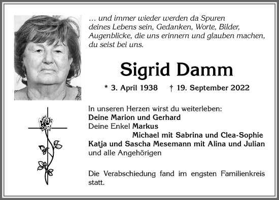 Traueranzeige von Sigrid Damm von Allgäuer Zeitung, Kaufbeuren/Buchloe