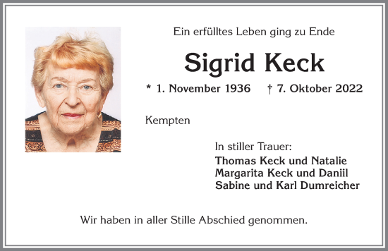 Traueranzeige von Sigrid Keck von Allgäuer Zeitung,Kempten