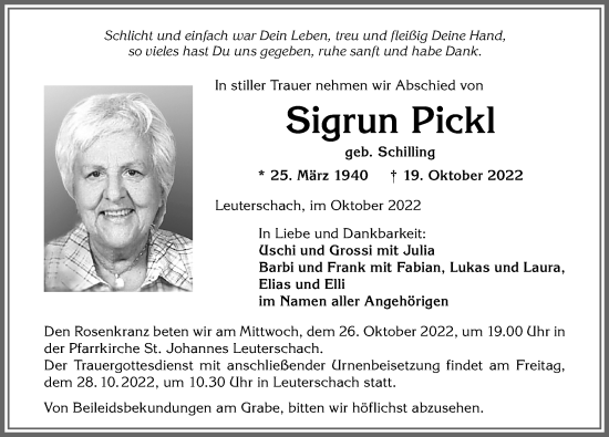 Traueranzeige von Sigrun Pickl von Allgäuer Zeitung, Marktoberdorf