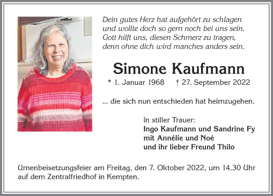 Traueranzeige von Simone Kaufmann von Allgäuer Zeitung,Kempten