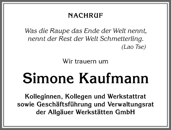 Traueranzeige von Simone Kaufmann von Allgäuer Zeitung,Kempten