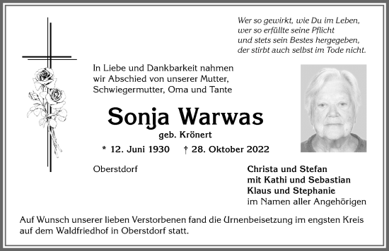 Traueranzeige von Sonja Warwas von Allgäuer Anzeigeblatt