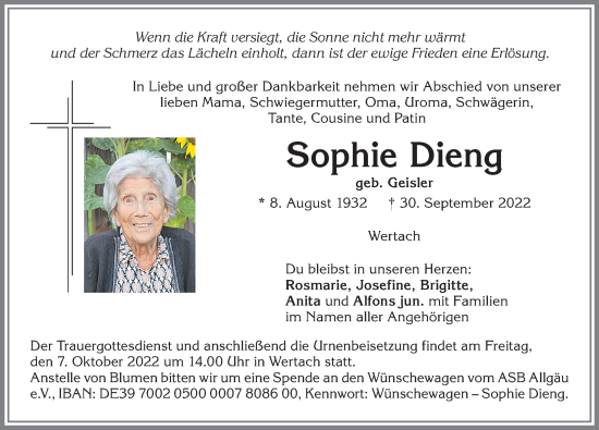 Traueranzeige von Sophie Dieng von Allgäuer Zeitung,Kempten