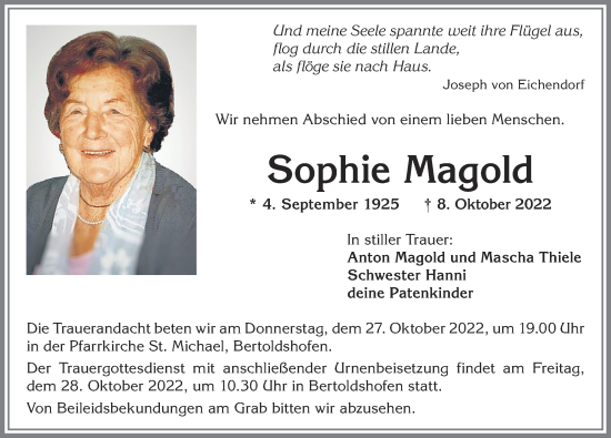 Traueranzeige von Sophie Magold von Allgäuer Zeitung, Marktoberdorf