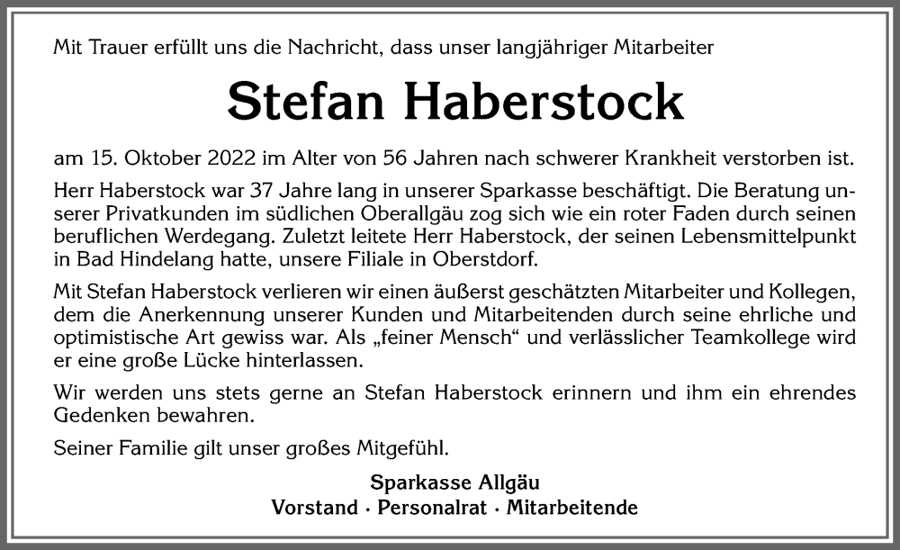  Traueranzeige für Stefan Haberstock vom 22.10.2022 aus Allgäuer Anzeigeblatt