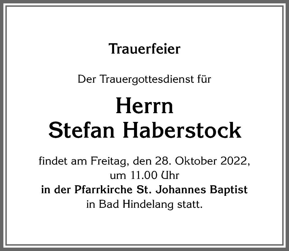  Traueranzeige für Stefan Haberstock vom 26.10.2022 aus Allgäuer Anzeigeblatt