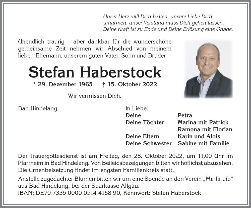  Traueranzeige für Stefan Haberstock vom 22.10.2022 aus Allgäuer Anzeigeblatt