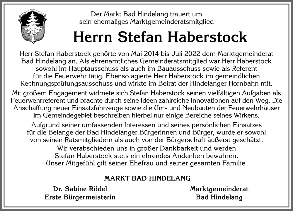  Traueranzeige für Stefan Haberstock vom 22.10.2022 aus Allgäuer Anzeigeblatt