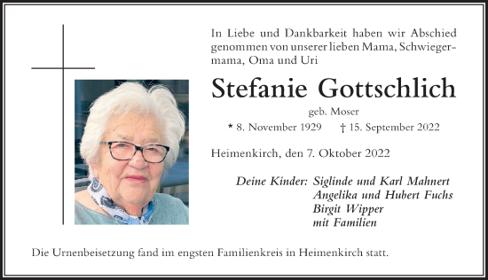 Traueranzeige von Stefanie Gottschlich von Der Westallgäuer