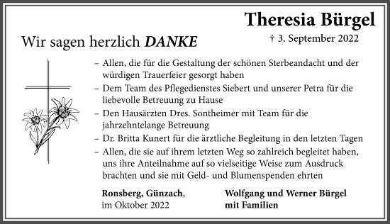 Traueranzeige von Theresia Bürgel von Allgäuer Zeitung, Marktoberdorf