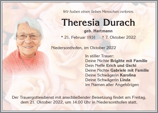 Traueranzeige von Theresia Durach von Allgäuer Anzeigeblatt