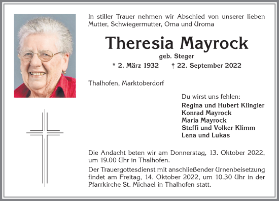 Traueranzeige von Theresia Mayrock von Allgäuer Zeitung, Marktoberdorf