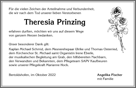 Traueranzeige von Theresia Prinzing von Allgäuer Zeitung, Marktoberdorf