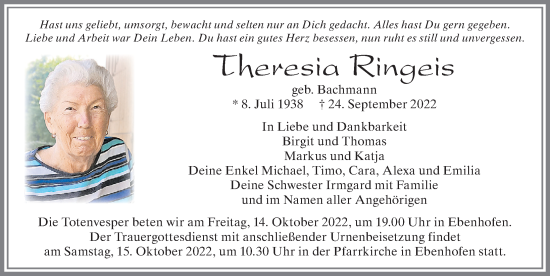 Traueranzeige von Theresia Ringeis von Allgäuer Zeitung, Marktoberdorf