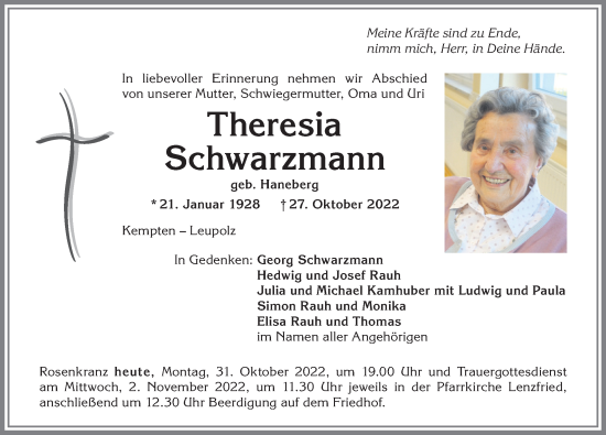 Traueranzeige von Theresia Schwarzmann von Allgäuer Anzeigeblatt
