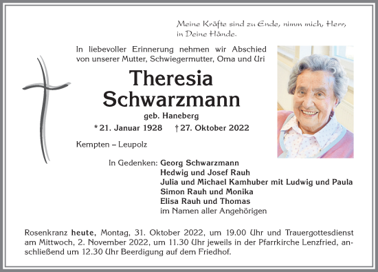 Traueranzeige von Theresia Schwarzmann von Allgäuer Anzeigeblatt
