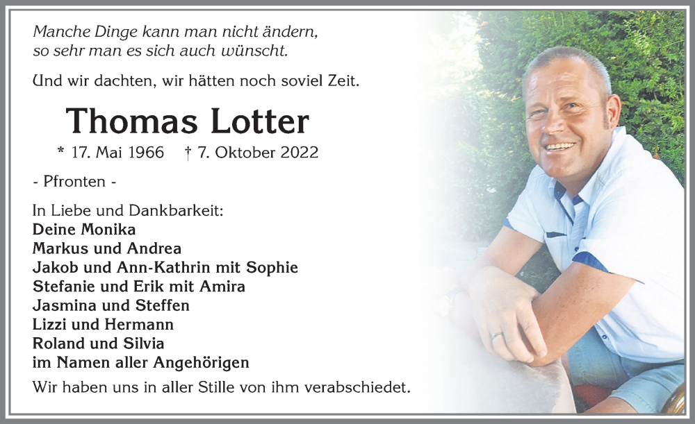  Traueranzeige für Thomas Lotter vom 20.10.2022 aus Allgäuer Zeitung, Füssen