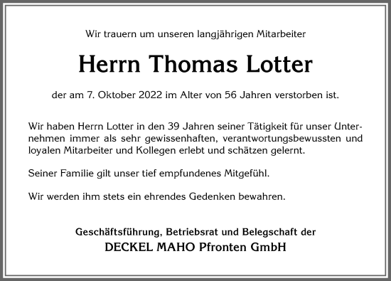 Traueranzeige von Thomas Lotter von Allgäuer Zeitung, Füssen