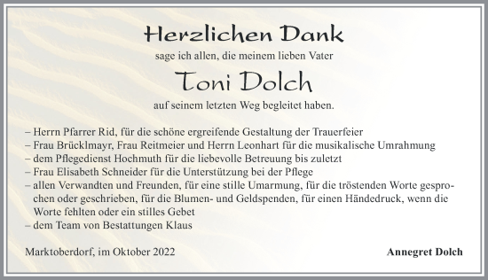 Traueranzeige von Toni Dolch von Allgäuer Zeitung, Marktoberdorf