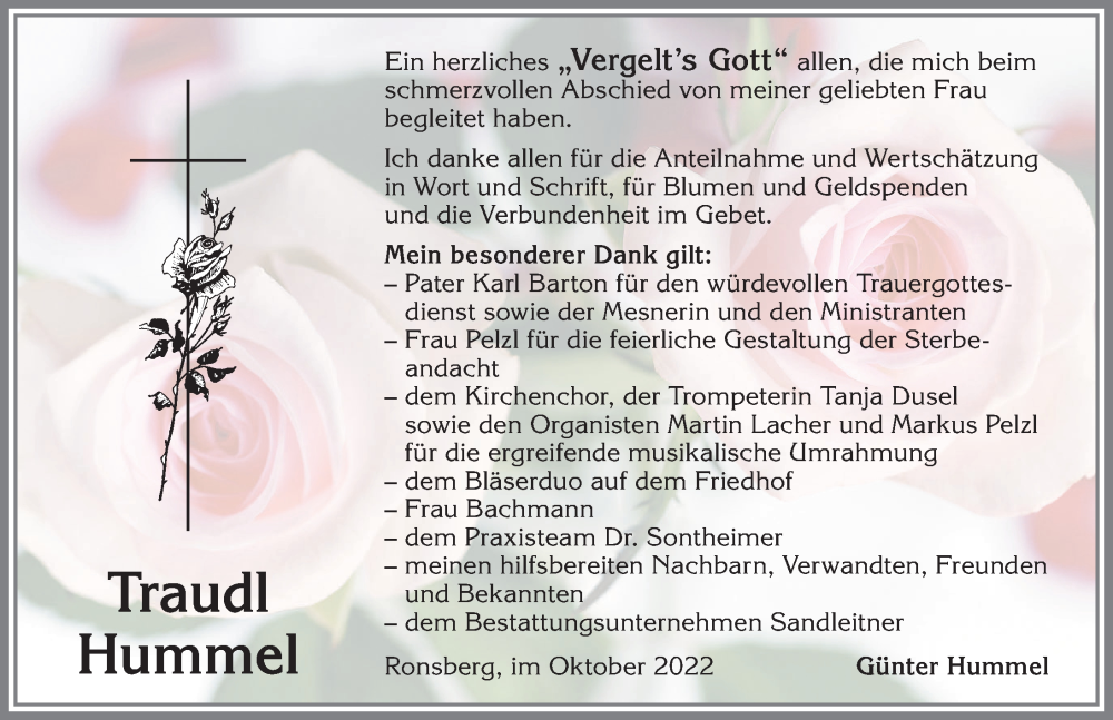  Traueranzeige für Traudl Hummel vom 29.10.2022 aus Allgäuer Zeitung, Marktoberdorf