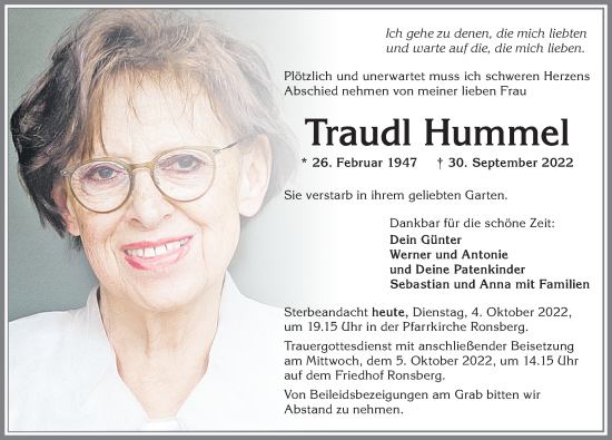 Traueranzeige von Traudl Hummel von Allgäuer Zeitung, Marktoberdorf