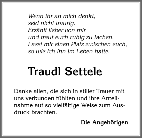 Traueranzeige von Traudl Settele von Allgäuer Zeitung, Marktoberdorf