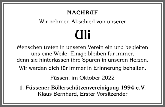 Traueranzeige von Uli  von Allgäuer Zeitung, Füssen