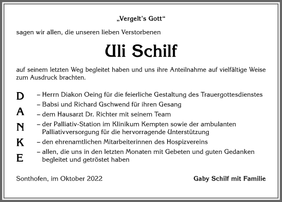 Traueranzeige von Uli Schilf von Allgäuer Anzeigeblatt